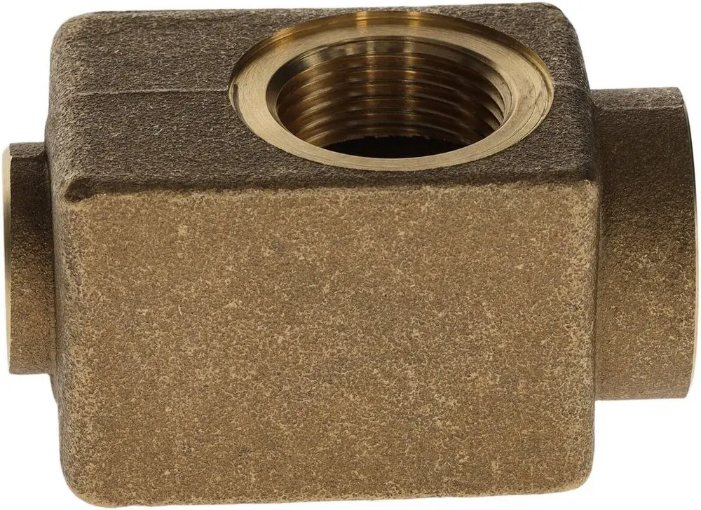 Brass housing component with threaded interior, featuring a square shape and a rough surface texture. Part likely associated with Bosch products.